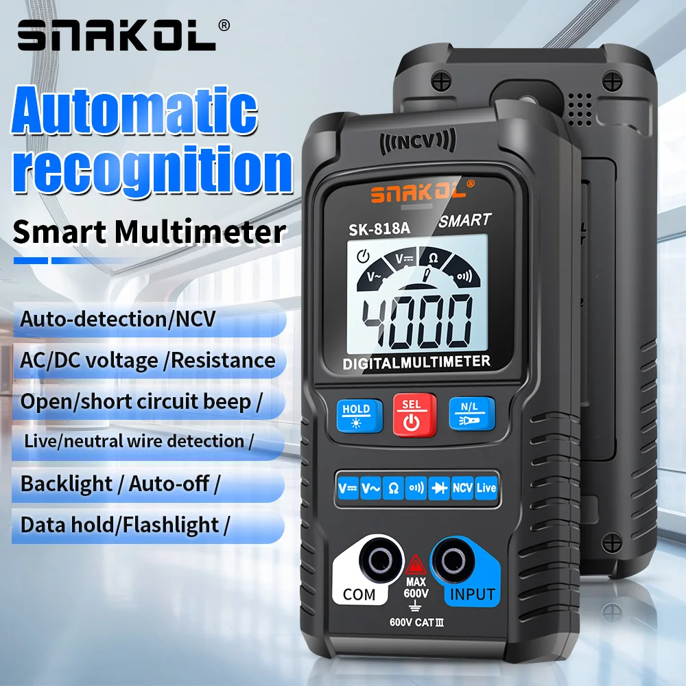 

SNAKOL SK-818A Smart Auto Range Digital Multimeter, 600V AC/DC Voltage Ohm NCV Tester, Professional Electrician Measuring Tool