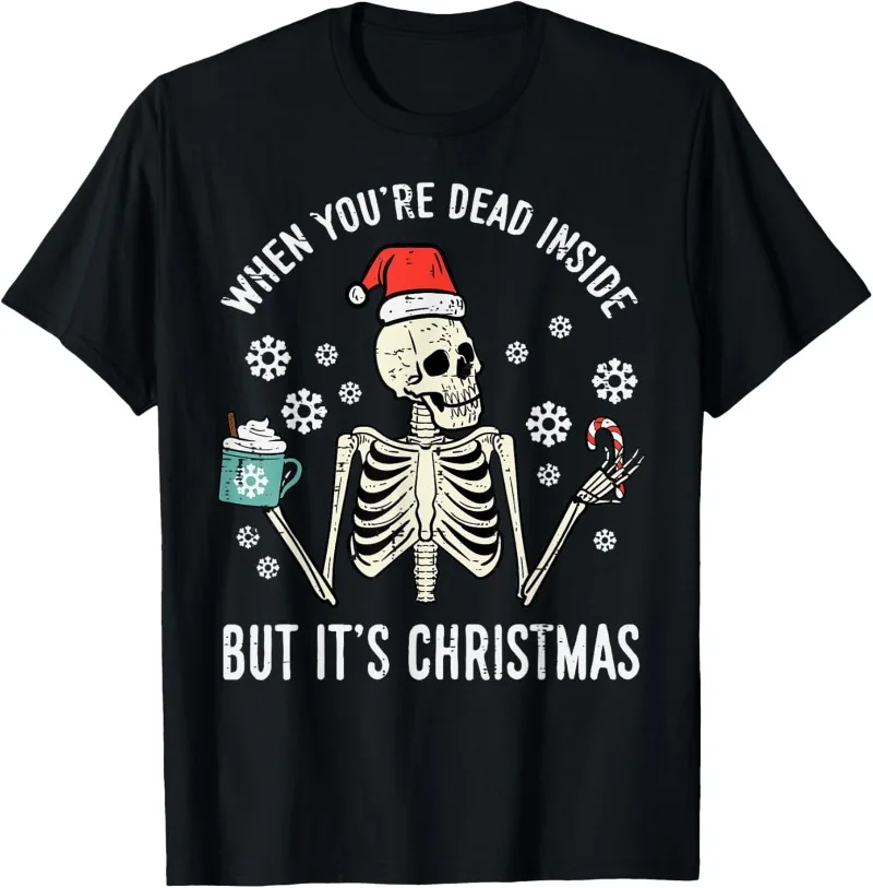 Dead Inside But Its Christmas Skeleton Coffee Xmas Coton T-Shirt Hommes et Femmes Col rond Manches Courtes Chemises Décontractées pour Femmes