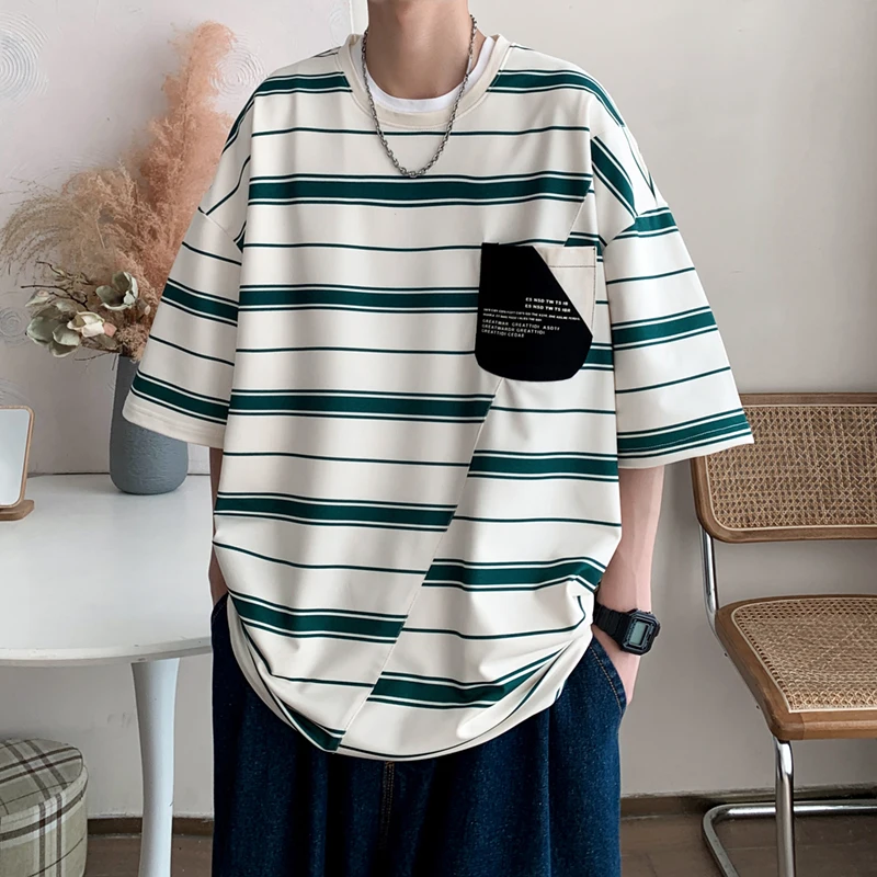 

100% pure cotton new summer men's fashionable loose fitting clothing striped letter T-shirt top round neck half sleeve