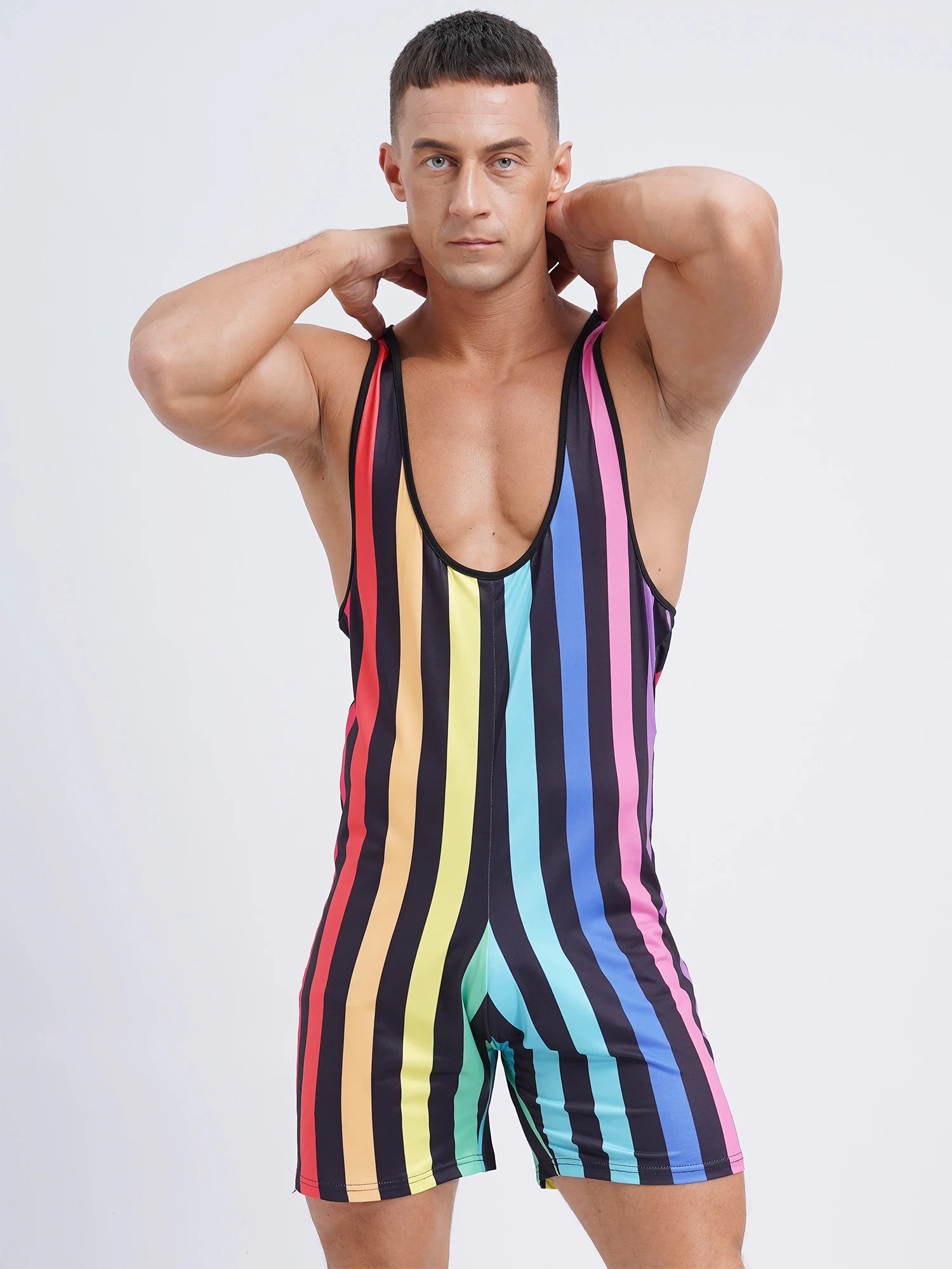 Men Water Sports Surfing Fitness Short Striped Jumpsuit Wrestling Singlet Slim Fit Boxer Shorts Rompers Bodybuilding Shapewear