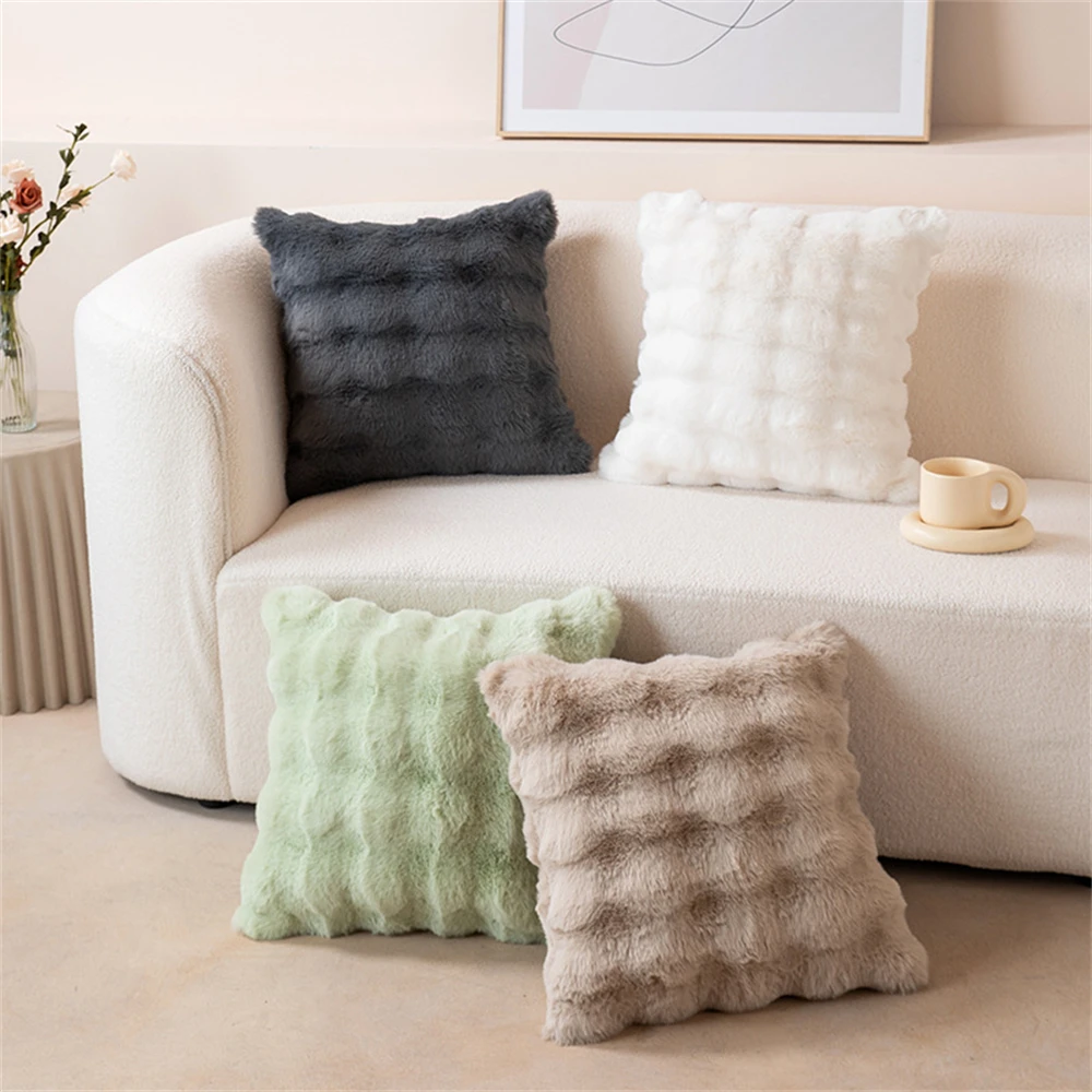 Plaid Plush Cushion Covers Imitation Rabbit Fur Pillow Cases Home Decorative Throw Sofa Pillowcases Livingroom Bedroom Cojines