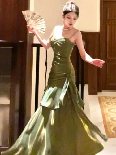 Imagen 2 del producto Novedad de verano para mujer, vestido largo elegante con volantes, vestido ligero de lujo con tirantes y cola de pez, vestido de fiesta Vintage para graduación y eventos