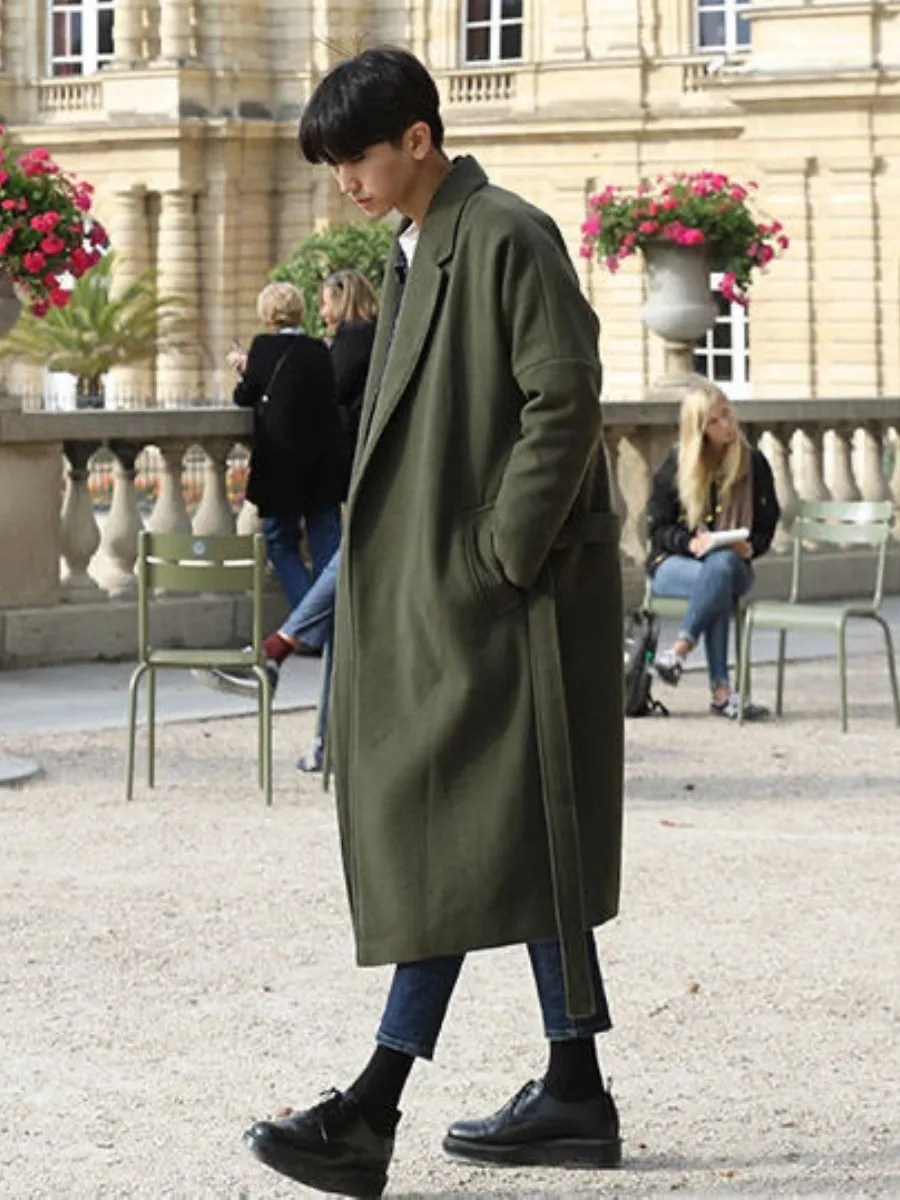 

Japanese Sle Men's Long Thi Warm Wool Coat Trendy Loose Wool Outerwear Korean Version Busin Casual V-ne ket Design