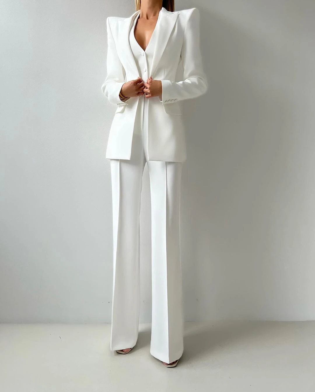 White Women Wedding Pants Suits Slim Fit Ladies Prom Evening Birthday Party Guest Formal Wear Custom Made 3 Pieces