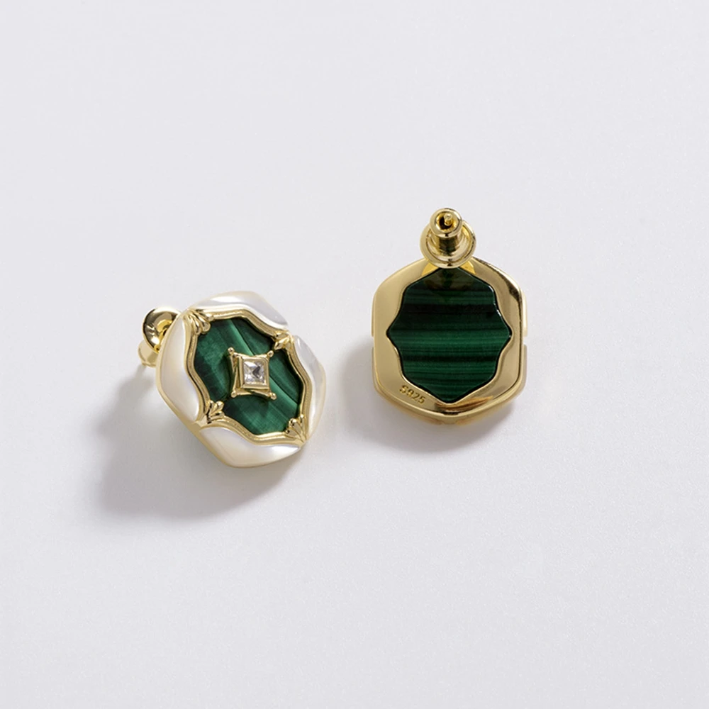 Vinregem Malachite High Carbon Diamond Gemstone Vintage Ear Studs Earrings 18K Gold Plated 925 Sterling Silver Fine Jewelry Gift