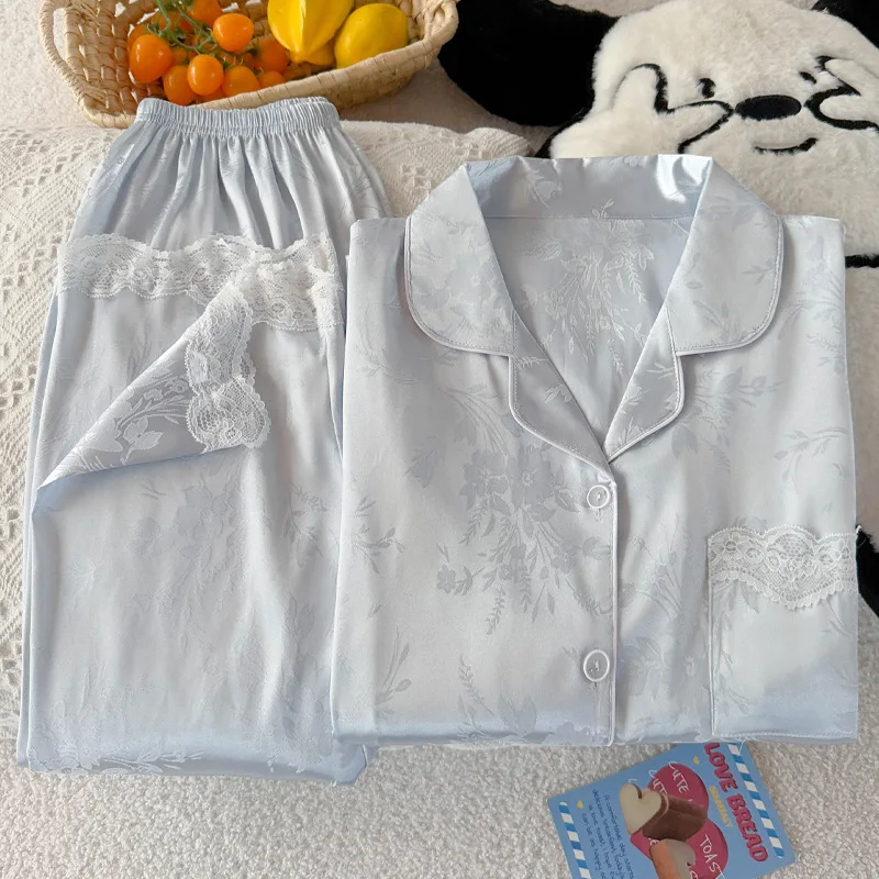 

French Ins Style Women Pajamas Set Ice Silk Jacquard Sleepwear Lace Loungewear Summer Short-sleeved Pants Suit Homewear Pyjamas