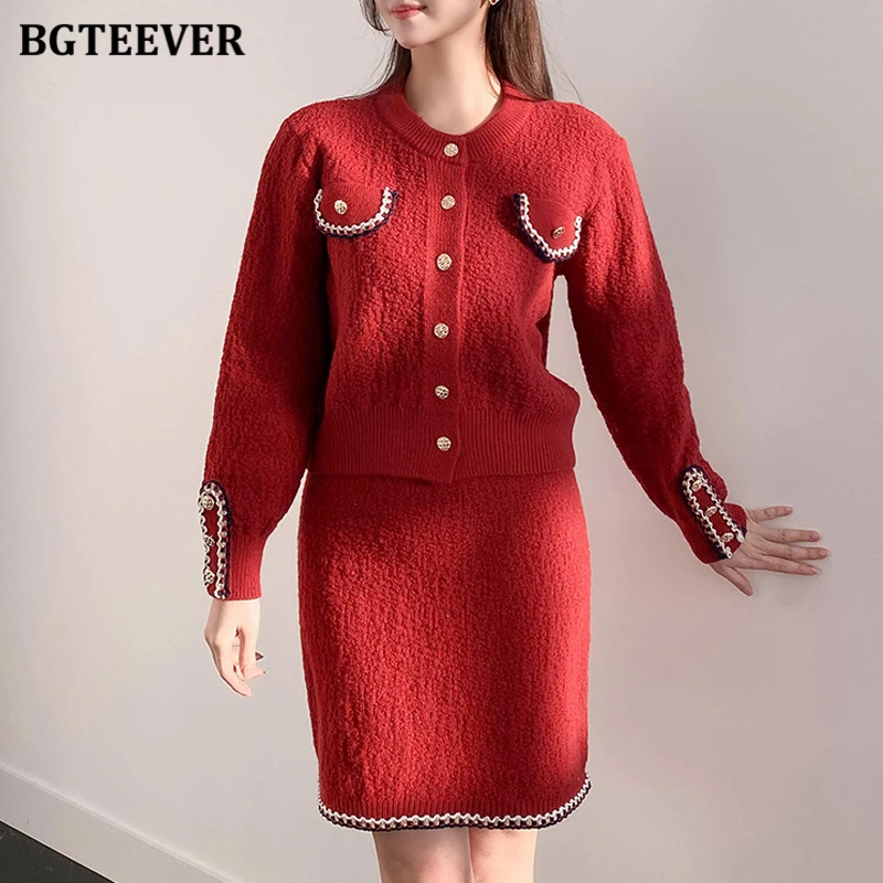 BGTEEVER Vintage Loose Female 2 Pieces Knitted Outfits Long Sleeve Single-breasted Cardigans Tops & Package Hip Mini Skirts