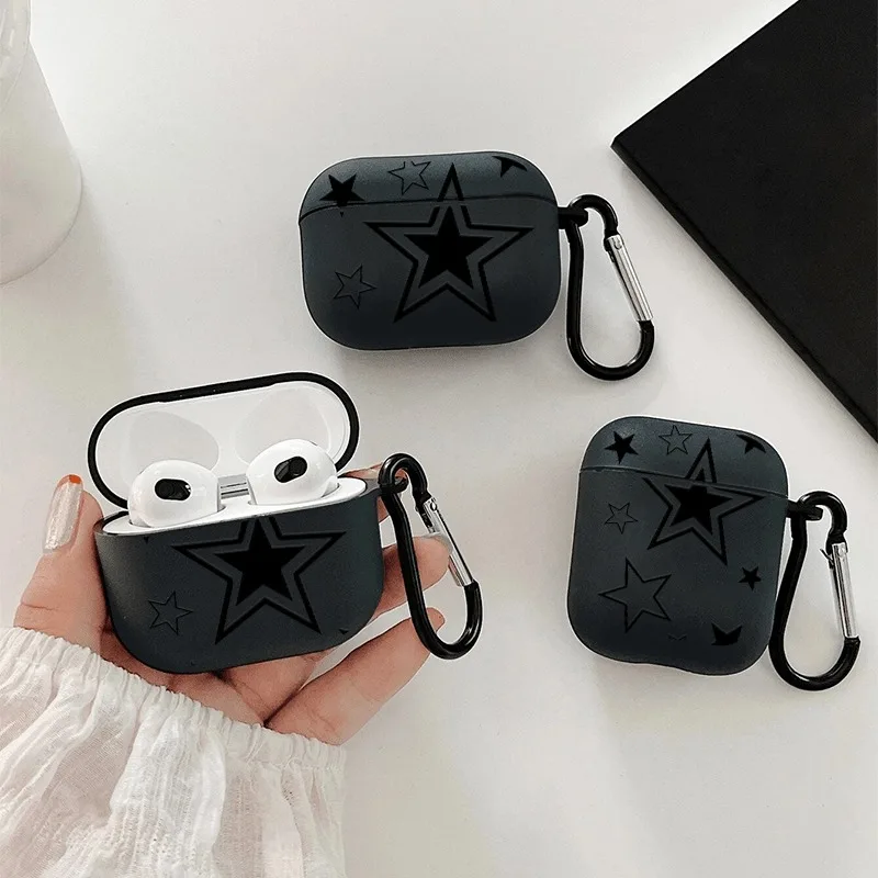 Black Stars Suitable for Airpods1/2/3/4/Pro2 Earphone Protective Case New Wireless Earphone Case with Key Chain Boys and Girls