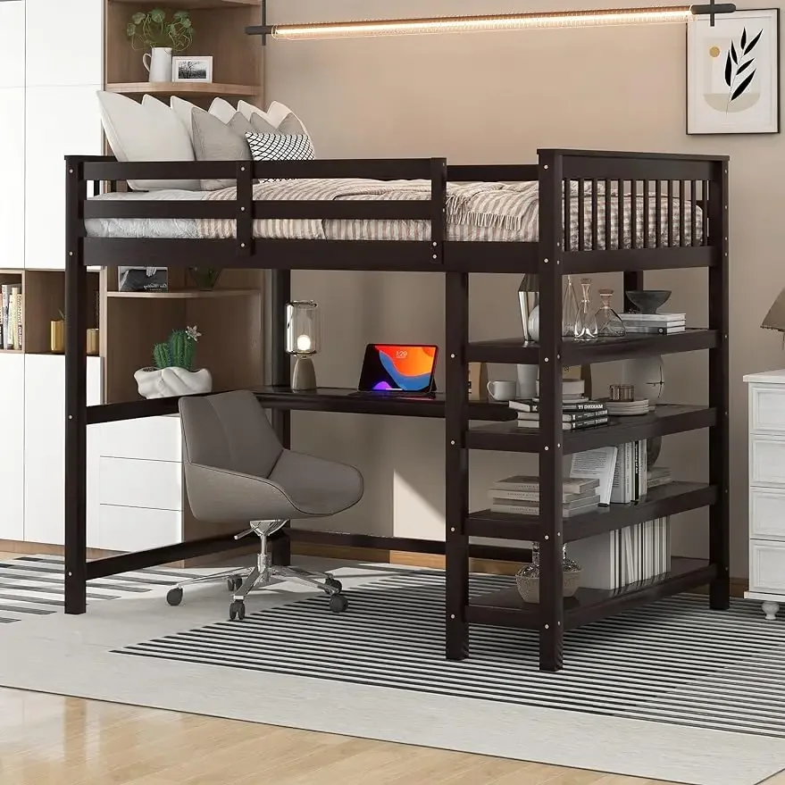 

Wood Loft Bed with Desk and Shelves ,Twin/Full Loft Bed with Storage Shelves and Under-Bed Desk, Espresso/Grey/White