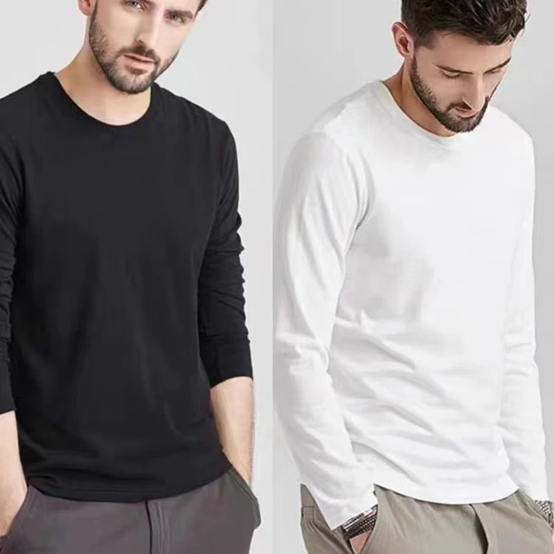 Summer Mercerized Cotton Men's T-shirt Solid Color Round Neck Shirt Casual Cotton Long Sleeve T-shirt Men's Wear