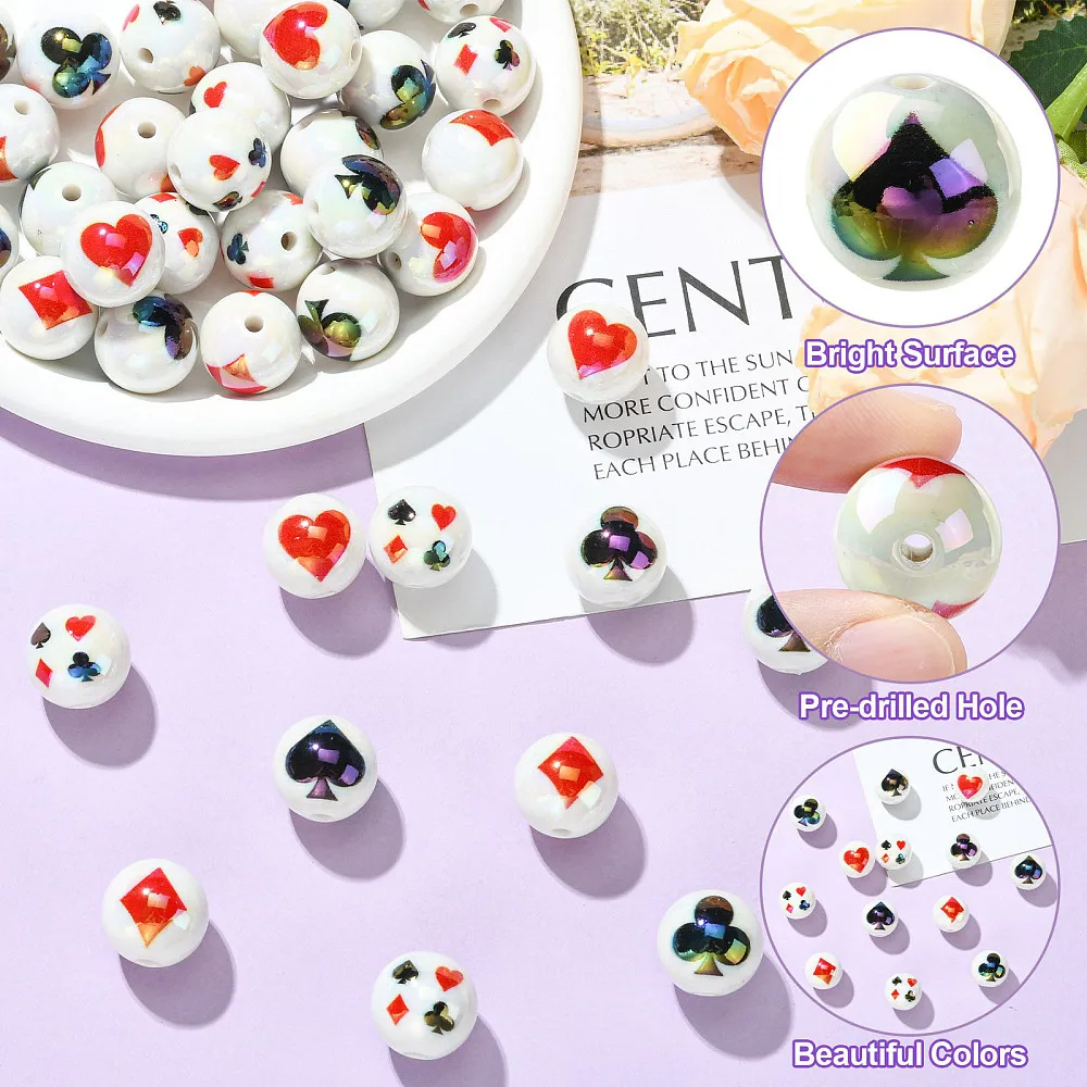 40pcs Playing Card Suit Print Acrylic Beads AB White Round Loose Spacer Beads for DIY Bracelet Necklace Crafts Jewelry Decor