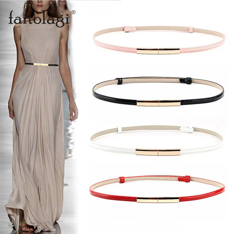 

New Bright Solid Color Thin Belts Elegant Simple Adjustable Waistband Golden Metal Buckle Skinny Dress Coat Girdle For Women