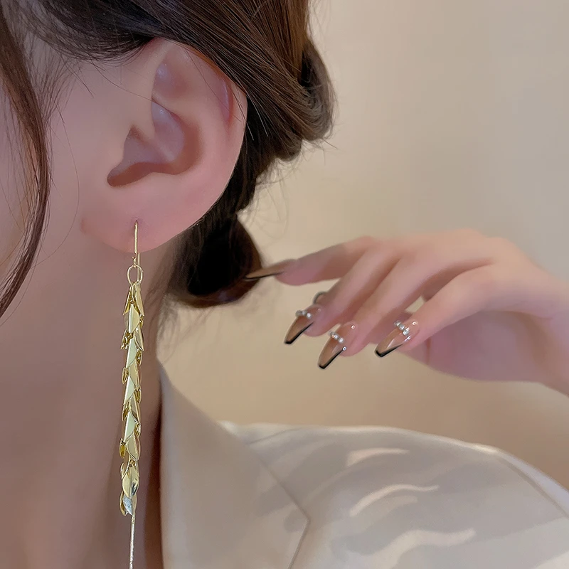 New Yerik Drop Earrings For Women Romantic Wheat Ear Shape Gold Color Long Tassel Ear Line Fashion Female Jewelry Ladies Gift