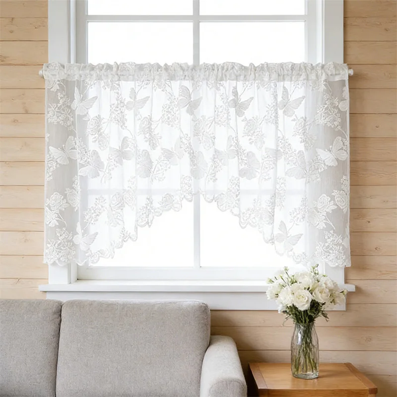 1pc Elegant Romantic Lace Butterfly Flower Semi-Transparent Curtain French Rod Pocket Design for Home Decoration