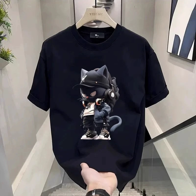 Camisetas de algodón para hombre, camiseta blanca 5XL para hombre, ropa informal de verano, camisetas con estampado de gato de Anime, ropa negra para hombre