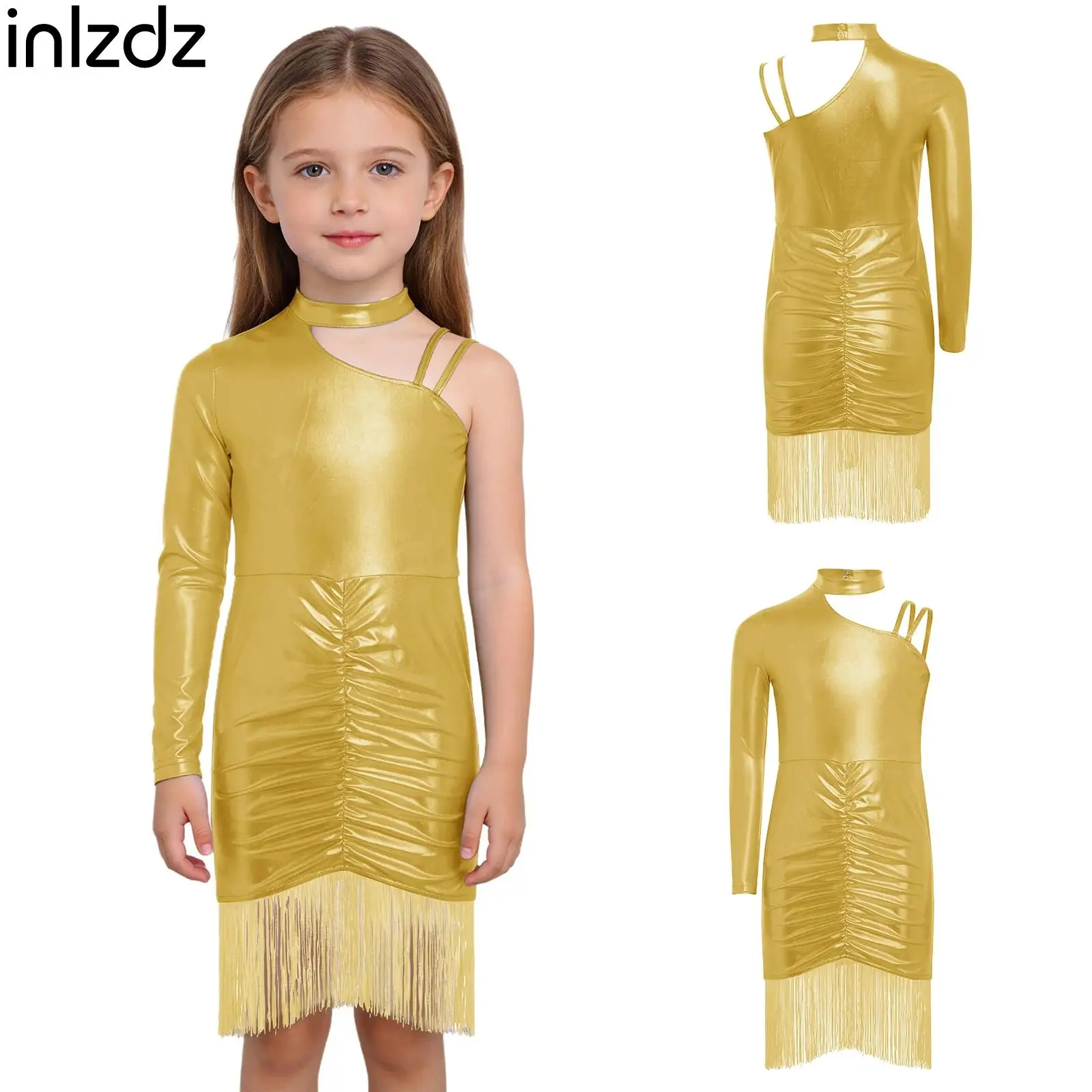 

Child Latin Cha-cha Dance Dress Girls Tango Samba Rumba Performance Dancewear Asymmetrical Shoulder Tassels Dress Dance Party
