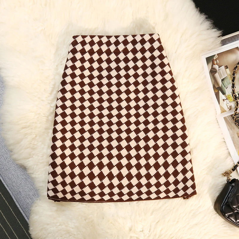 Coigarsam Women Skirt Spring 2024 New Office Lady Korea Style Knitted Plaid High Waist Black Coffee Gray Khaki Skirts