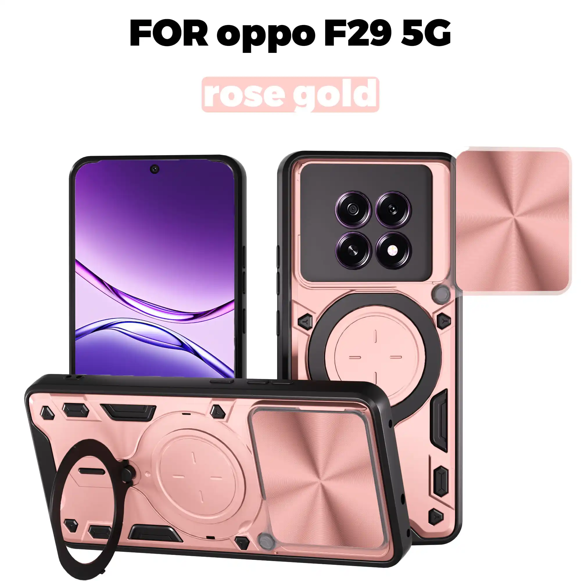 Oppo F29 마그네틱 슬라이드 카메라 보호 F29 Pro 커버 360 회전 킥 스탠드 갑옷 링 Funda Capa 용 케이스