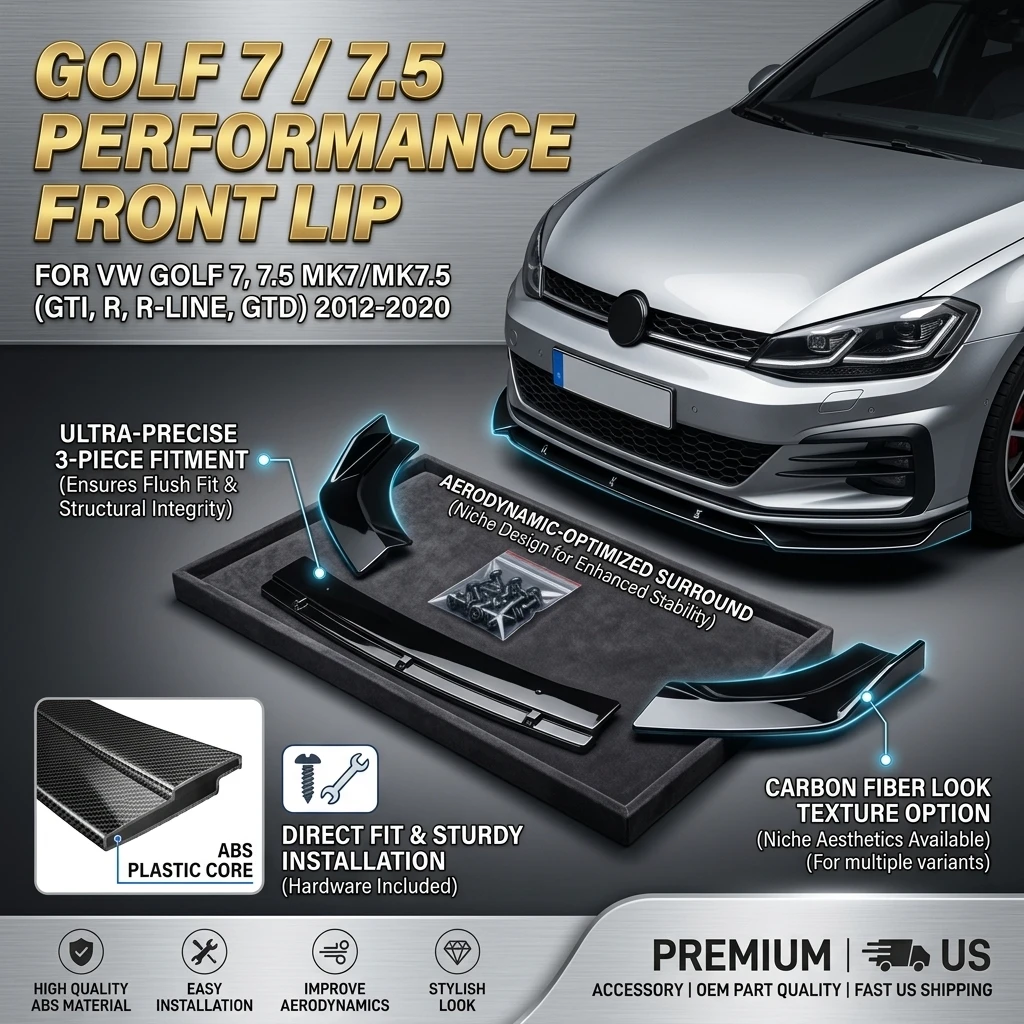 Für VW Golf 7 7.5 GTI R Frontspoiler R-Line Modifizierter dreiteiliger Frontlippen-Spoiler Splitter Stoßstangenschutz Diffusor Karosserie-Kit Hochglanzschwarz Carbon-Optik ABS-Kunststoff Ersatz