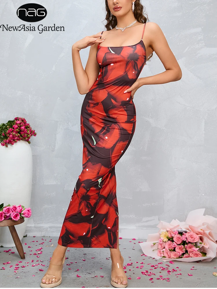 NewAsia Fashion Women's Floral Print Maxi Dress Sleeveless Spaghetti-Strap Slit Backless Elegant Summer Beach Vocation Dresses