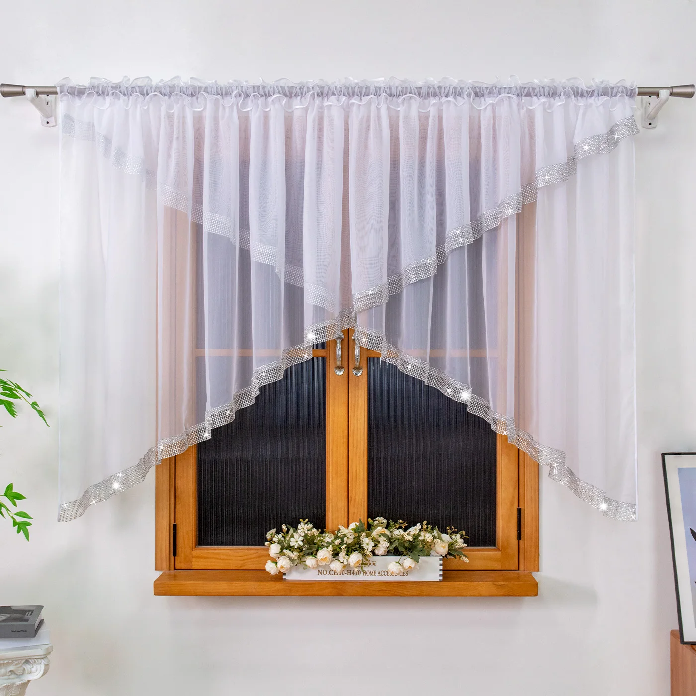 

1 шт., шифоновые шторы с минималистичным нерегулярным узором, серебряные сверкающие нити с бриллиантами для спальни, гостиной, праздничное украшение