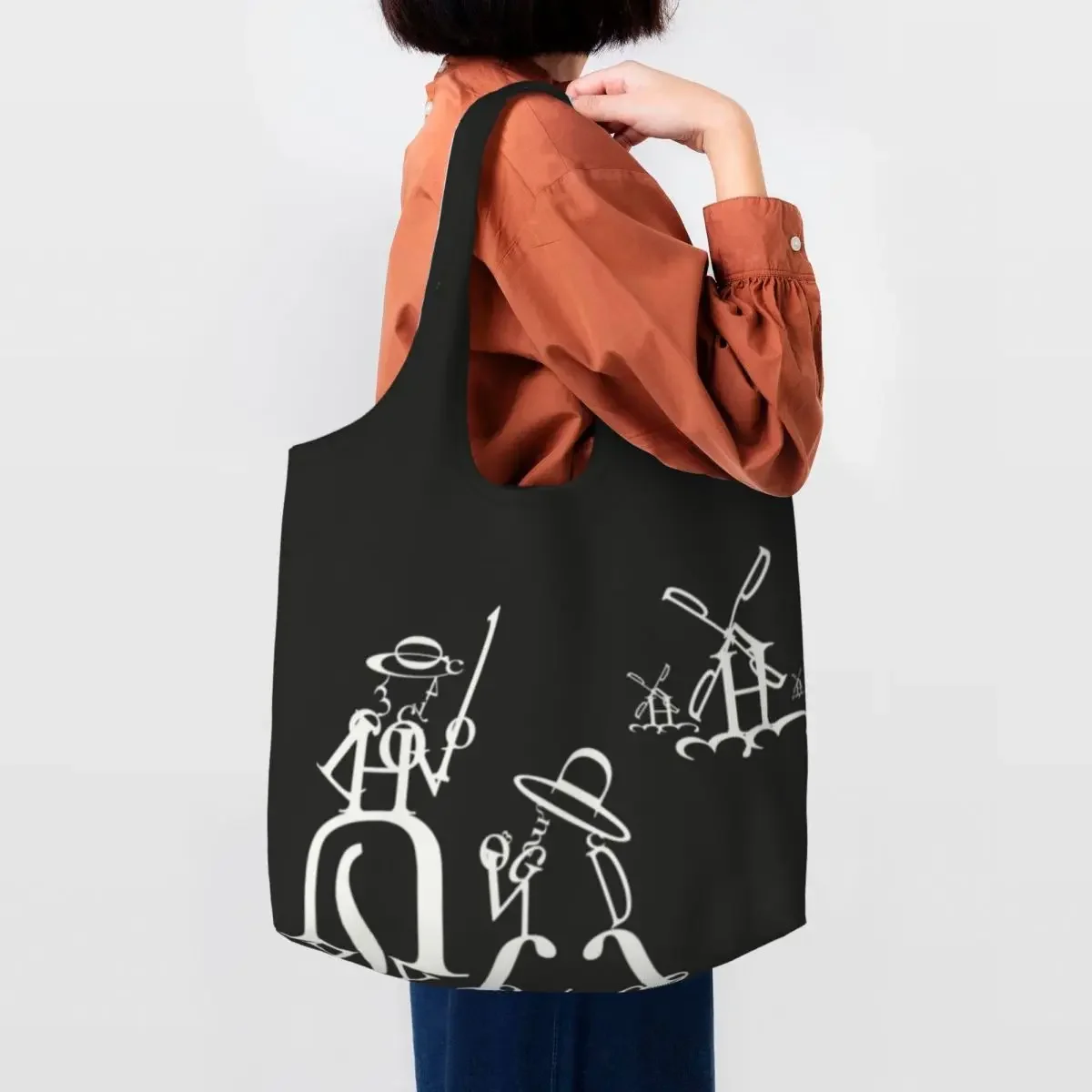 Reutilizável Don Quixote Literatura Alfabeto Saco de Compras para Mulheres, Shoulder Canvas Sacola, Lavável Mercearia Shopper Bags, Espanha Cavaleiro