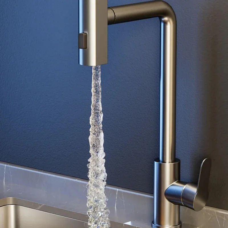 ‌Retractable Brass Faucet - Pull-Down Cold/Hot Mixer, No-Spill Spray for Laundry & Dishwashing Sink, Solid Copper Finish