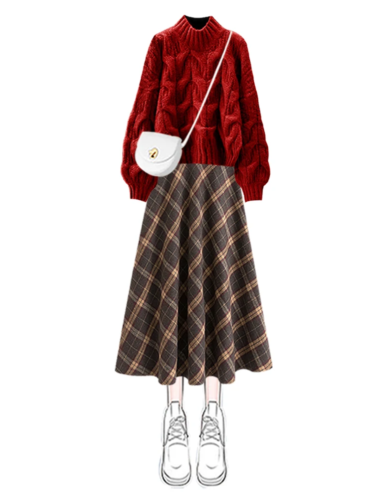 Roter Strickpullover mit hoher Taille und Rock, zweiteiliges Set für Neujahr, Festival, Herbst-Winter-Saison, lässig, vielseitig, Damen-C...