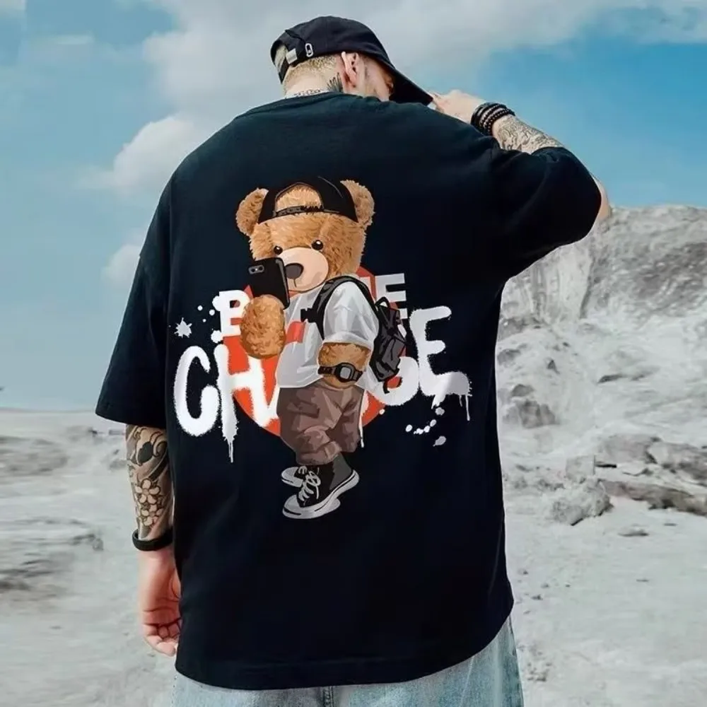 Summer Men's New Personalized Bear Printed Micro Elastic Breathable Round Neck T-shirt Outdoor Street Versatile Top