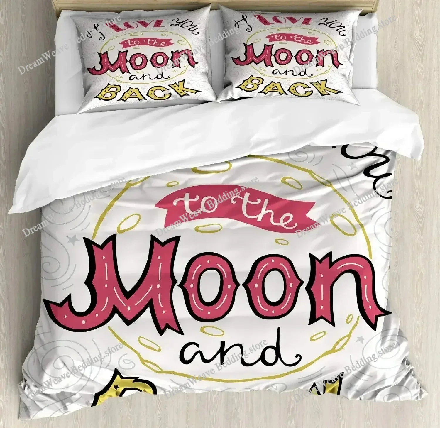 3D Print I Love You Duvet Cover Hand Drawn Moon and Back Words with Stars Celebration King Size Polyester Bedding Set592FQH
