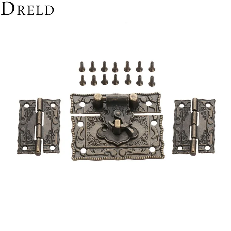 3 Pcs/set Furniture Fittings Suitcase Cabinet Hinge with Antique Bronze Jewelry Wooden Box Latch Hasp Clasp Vintage Hardware