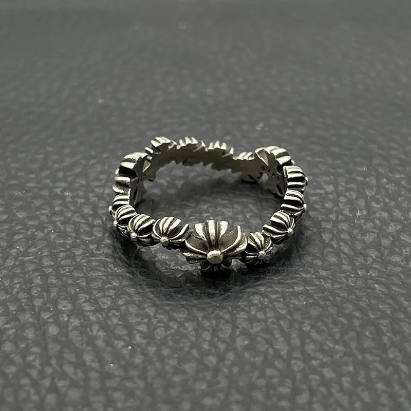 

S925 sterling silver high-end retro full small cross flower ring European and American personality cross ring classictemperament
