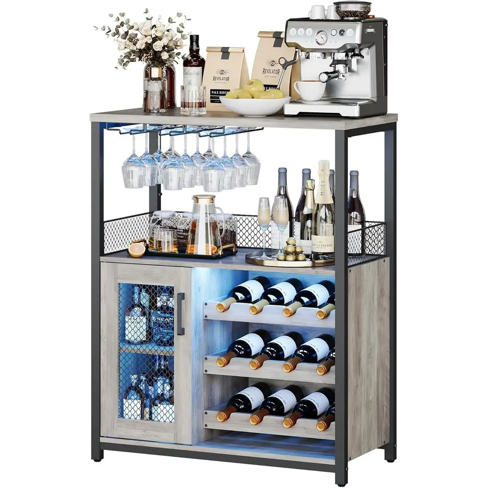 

Illuminated Wine Cabinet with Detachable Rack, Glass Holders, Adjustable Shelves for Kitchen, Living Room, and Bar