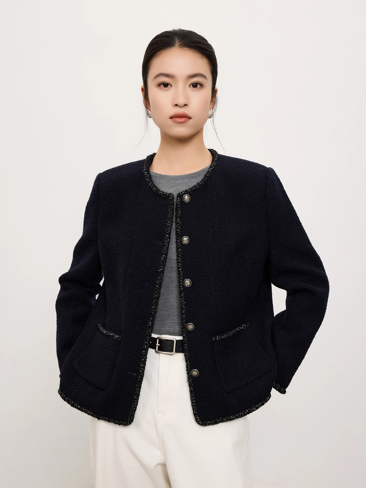 

Ele Woolen Tweed Jaet Masjm Early Spring New Arrival Premium Quali Ladies ort Coat Luxury Sle round Ne Button up