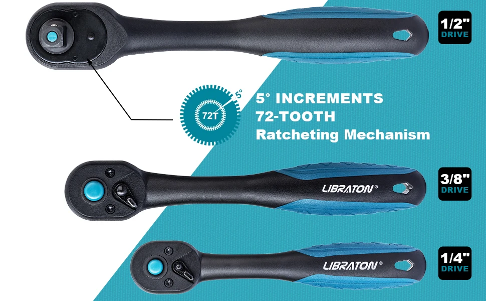 LIBRATON 72-Zahn-Ratschenschlüssel, Schnellspanner, Ratschengriff, umkehrbar, 1/4 Zoll, 3/8 Zoll, 1/2 Zoll Antrieb, Auto-Reparatur-Werkzeug, Heim-DIY-Werkzeuge – Detail 1