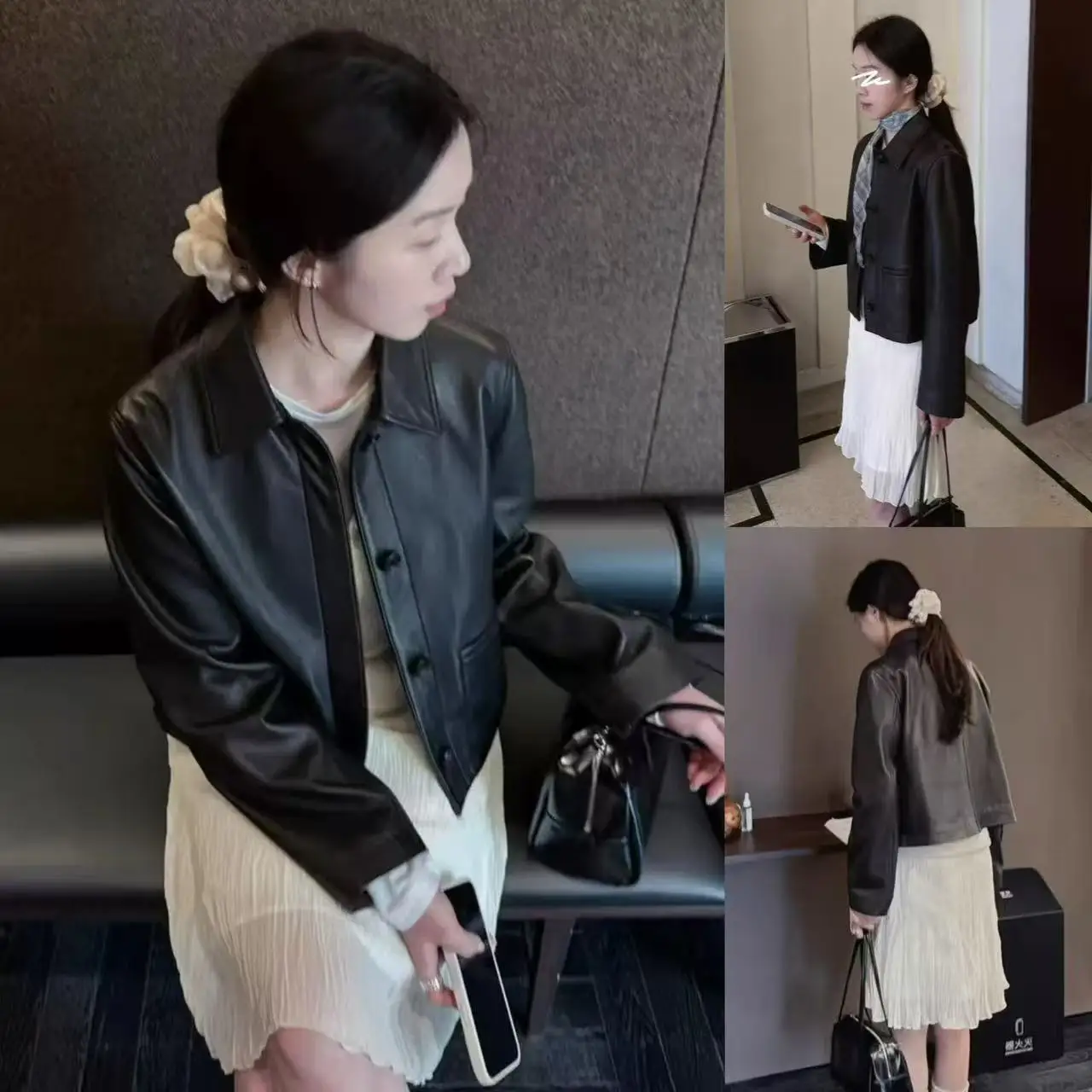 

Spring 2026 Women's Short Black Leather Jacket Vintage Single Button Flip Collar Stylish Korean Fashion Outerwear