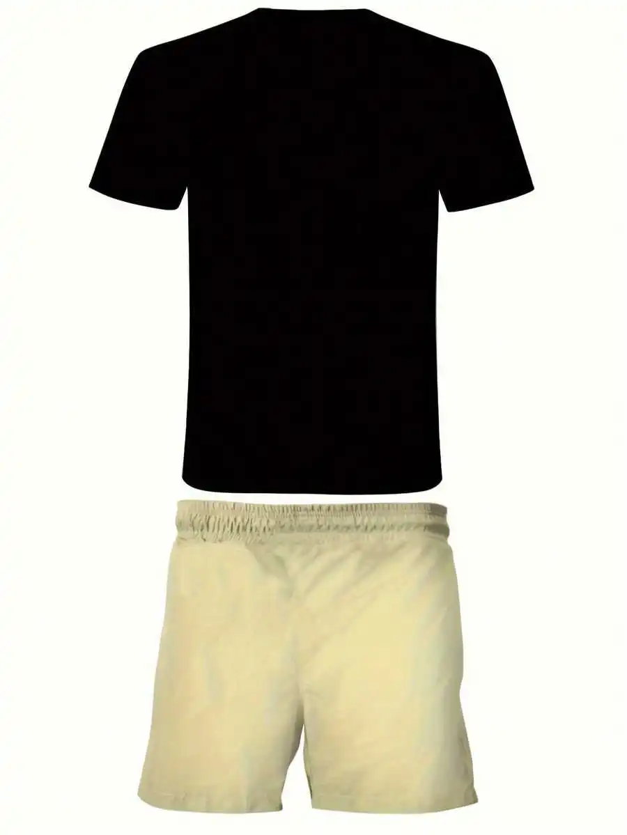 

Mens Black T-Shirt And Beige Shorts Two-Piece Set Casual Summer Outfit