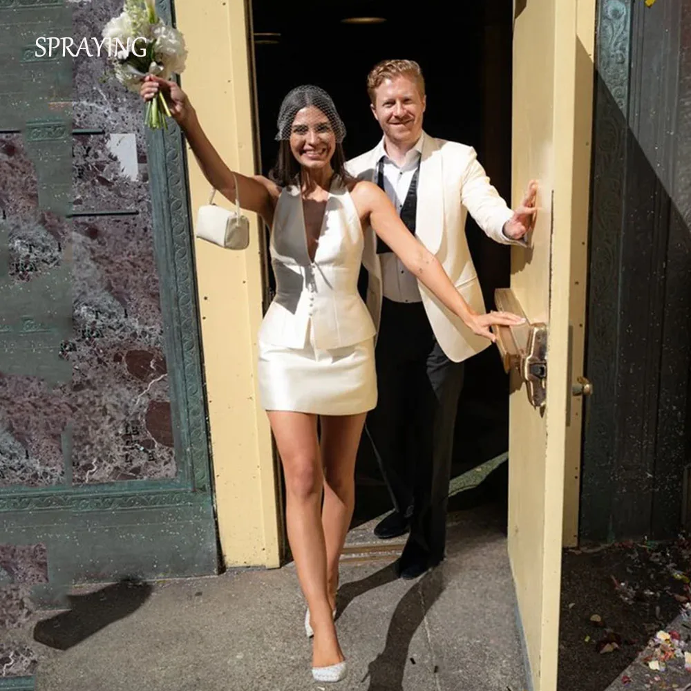 

SPRAYING 2 Pieces Set V-Neck Mini Wedding Dresses Satin Buttons Simple Civil vestidos de novia Short Bridal Gown Customized 2026