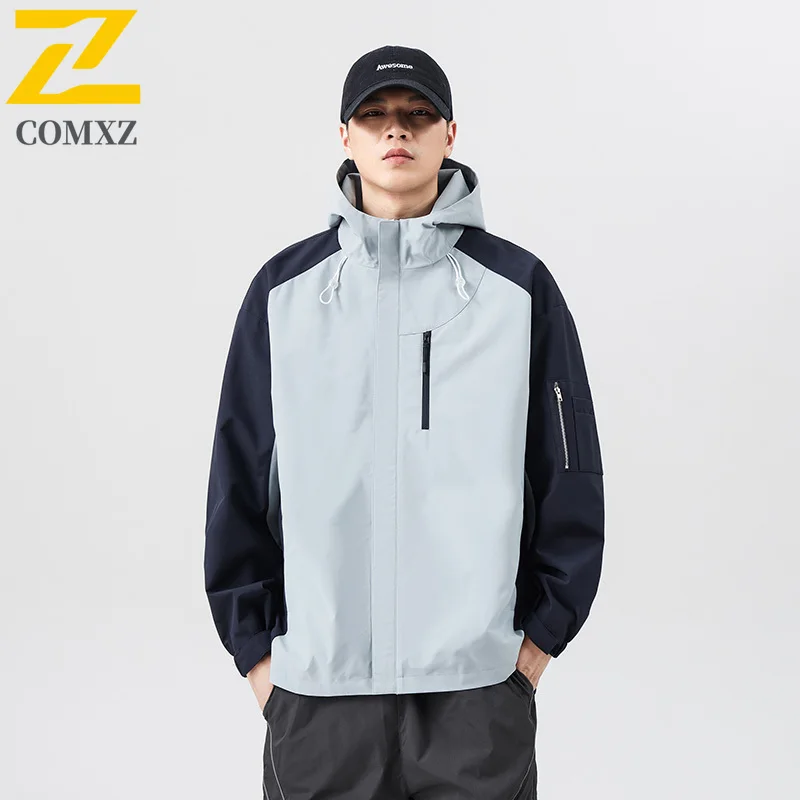 Windbreakers Men's 2025 New Hiking Waterproof  Hooded Zipper Coat Male Autumn Cargo Splicing Camping Loose Thin Softshell Jacket