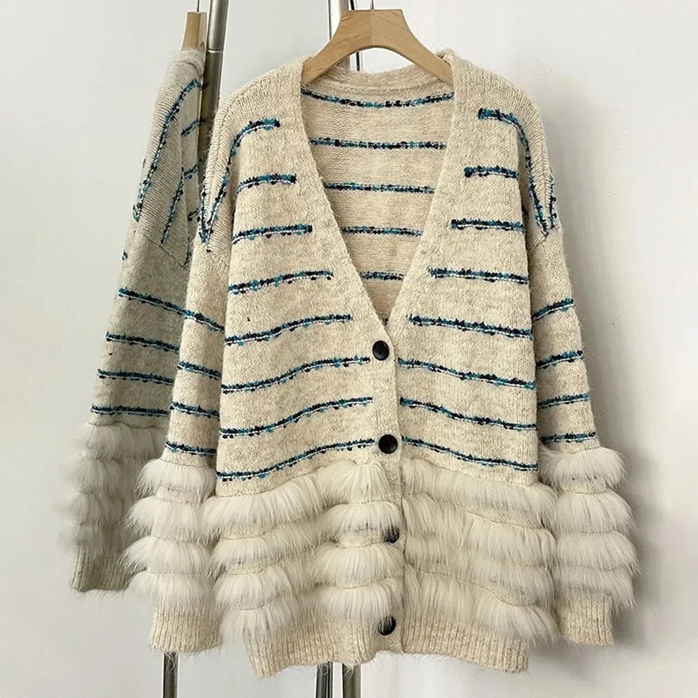 

Real Fox Fur Lady Real Fur Coat Female Knitwear New Cardigans Autumn Top Clothing Knitted Stripe Spring V-neck Sweater Women