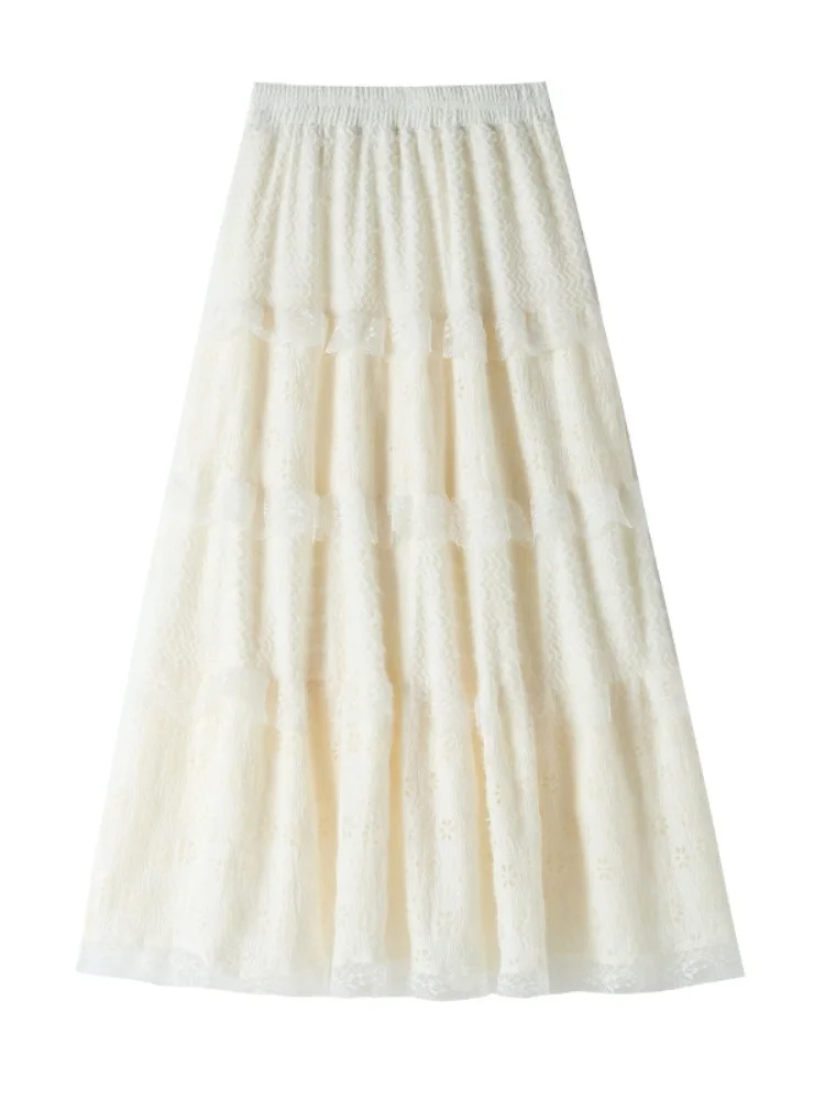 Ballett Sle bestickt f Rock hohe Taille Thiened Spitze Kuchen Rock A-Linie Midi Rock Damen Herbst Winter langen Rock