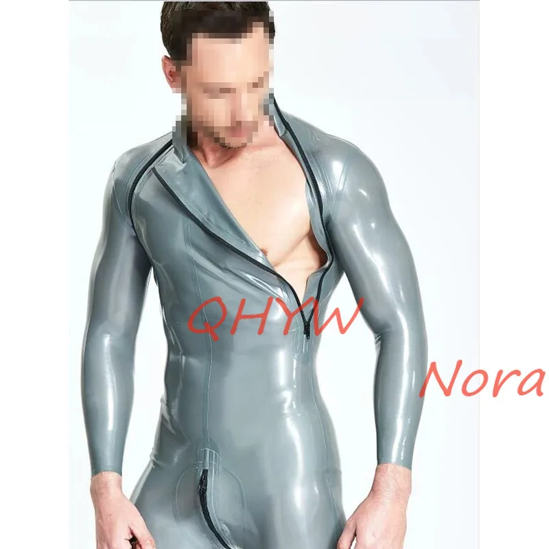 

Handmade Natural Latex Male Shoulder-Zip Catsuit Double-Diagonal Zipper Rubber Bodysuits