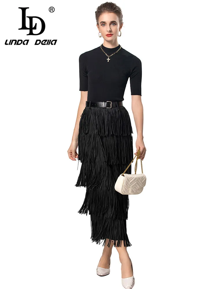 LD LINDA DELLA Autumn and Winter Women's Suit Short-Sleeved Slim Tops+Fashion Tassel With Belt Skirt Black Basic 2 piece set