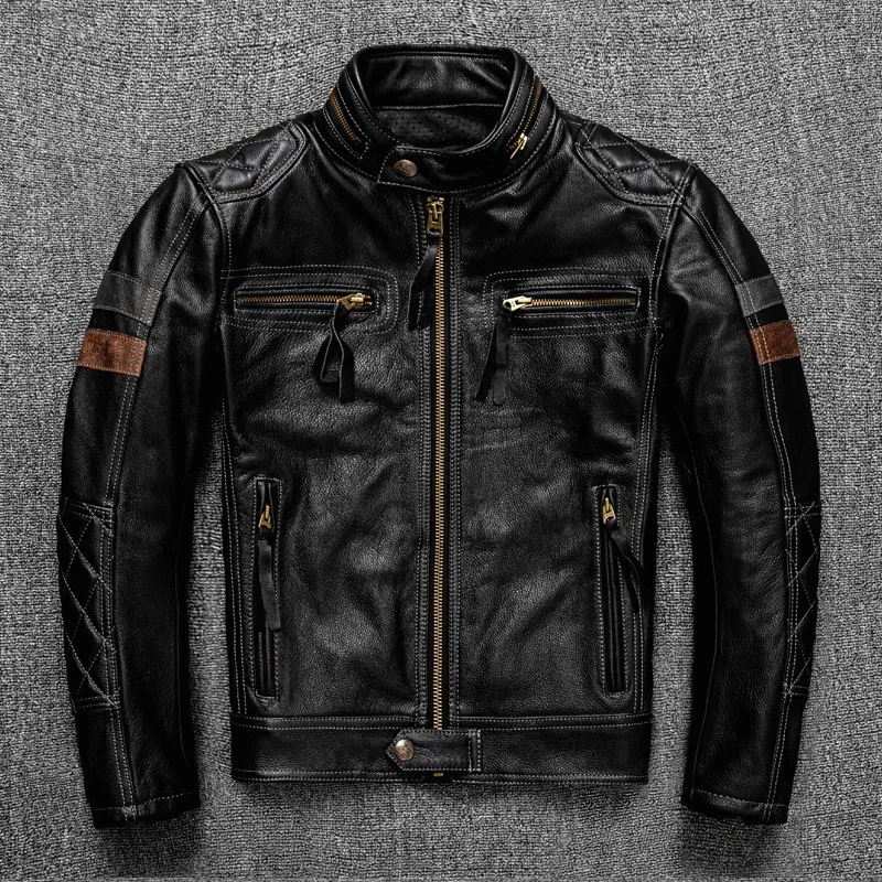 

shipping. Free Brand new Pro motor biker real leather jacket.black men rider cowhide coat.quality cloth cuero natural