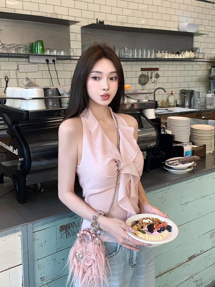 

Pink Plaid Ruffle Hem Svel Crop Top Women Summer Slimming ort Sle Outerwear Vest Commute Faion idded Pattern