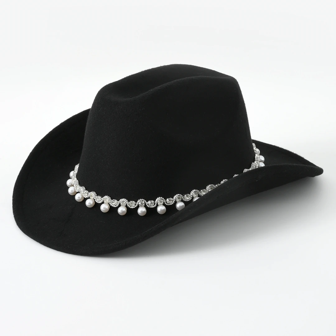 1pcs Men and Women Diamond Tassel Chain Jazz Hat, summer outdoor travel sunscreen western cowboy hat, fashion tie-in top hat