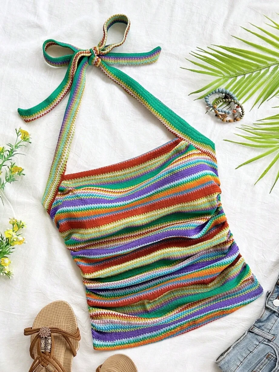 Women Colorful Striped Halter Tank Top Tie Adjustable Ruched Waist Knit Crop Top Bohemian Vacation Style