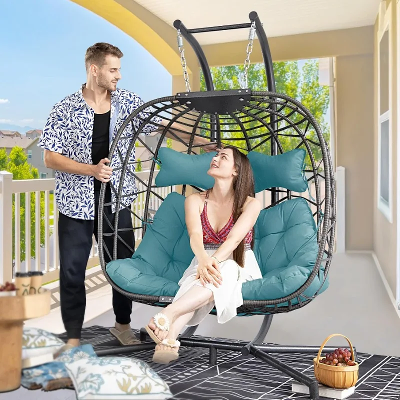 

Double Egg Chair with Stand Indoor Outdoor 2 Person Large Wicker Hanging Swing Chair Oversized Twins Patio 2 Seat Chair