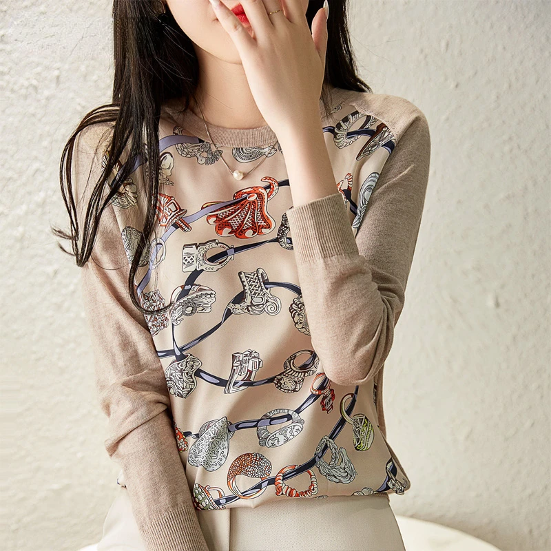 2024 Spring Autumn New Fashion Printing Round Neck Long Sleeve Knitting Pullovers Women Elegant Korean Style All-match Tops