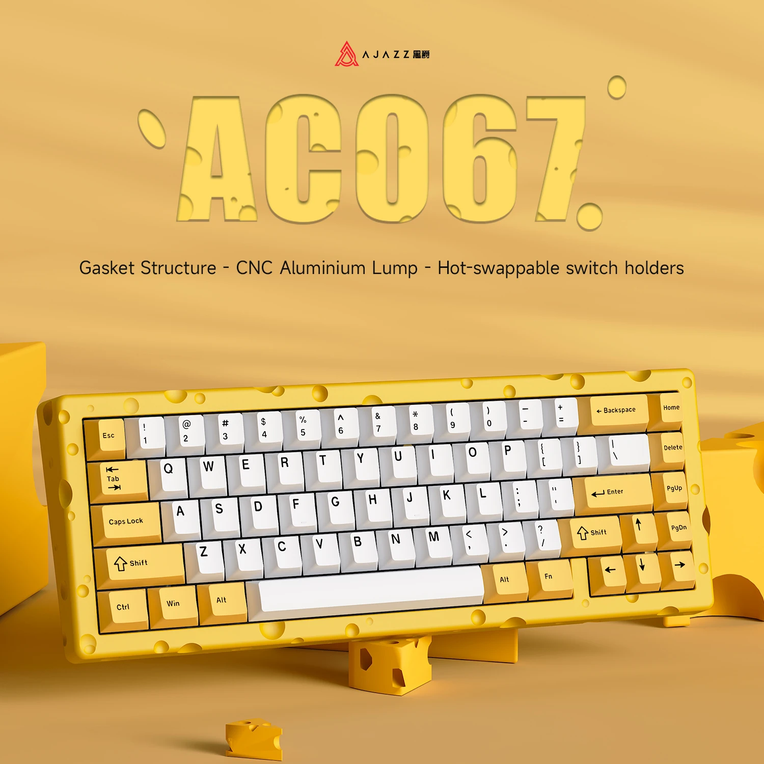 

Ajazz AC067 Mechanical Wired Keyboard RGB Hot-Swappable Gasket Structure Cheese-Themed Aluminum Game Office Custom Keyboard